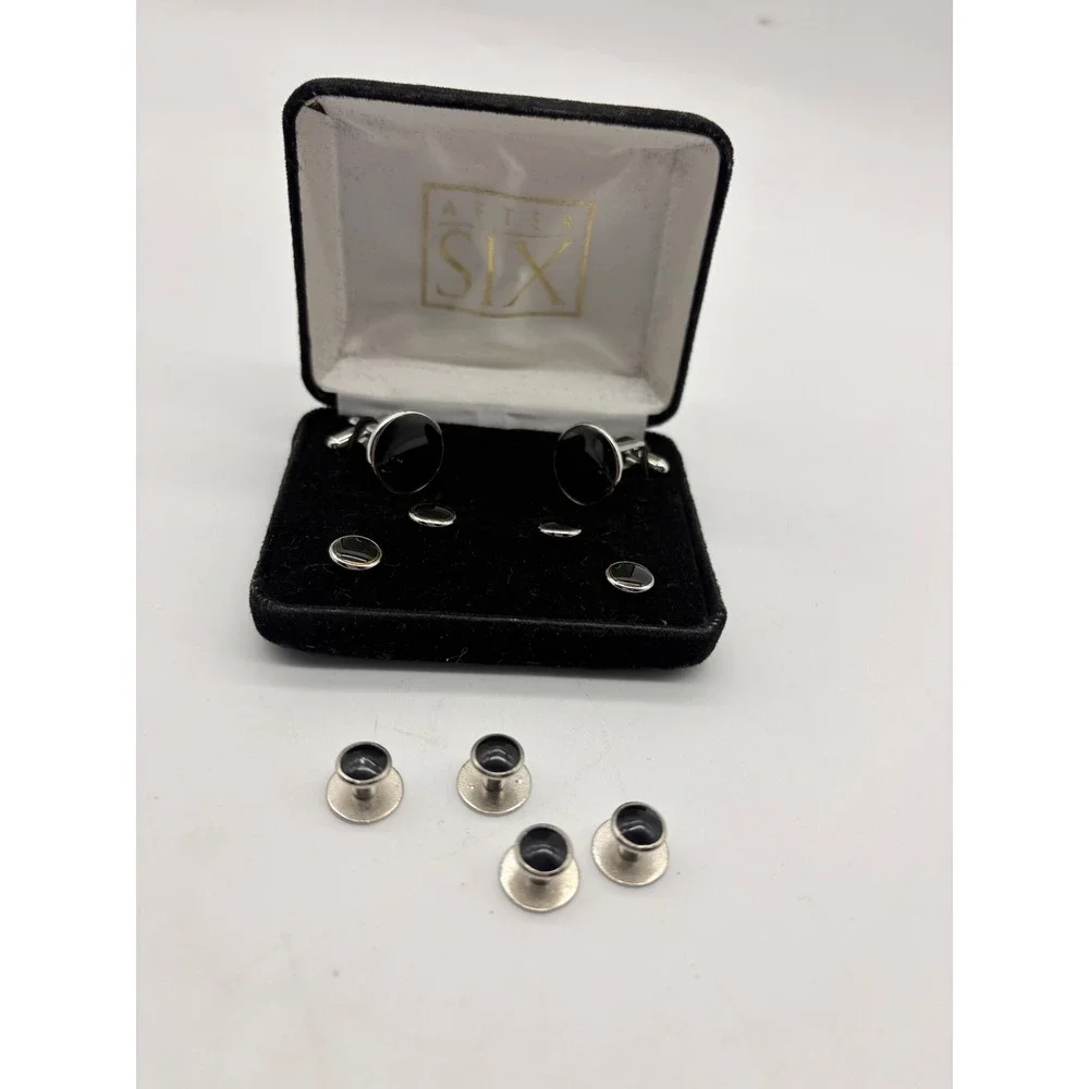 After Six Vintage Mens Cufflinks and Shirt Studs Set Black Silver Round Formal